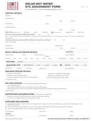 Fillable Online SOLAR HOT WATER STC ASSIGNMENT FORM BDuxb Fax Email