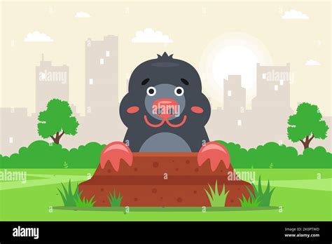 A Mole Peeks Out Of A Hole In The Garden Flat Vector Illustration