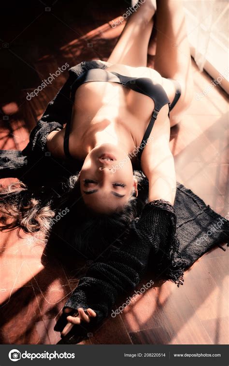 Sexy Women Sensual Black Lingerie Laying Dark Wood Floor Vintagle