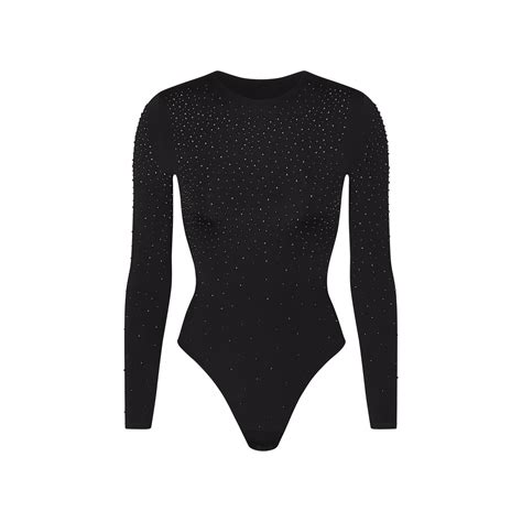 Swarovski X Skims Jelly Sheer Long Sleeve Crew Neck Bodysuit Onyx