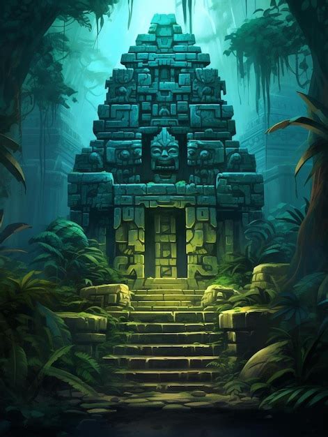 Un Templo En La Jungla Con Un Fondo Verde Y Una Luz Amarilla Brillante