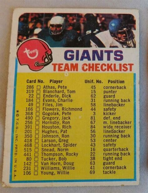 1973 Topps New York Giants Team Checklist Unmarked Football Card Ex EBay