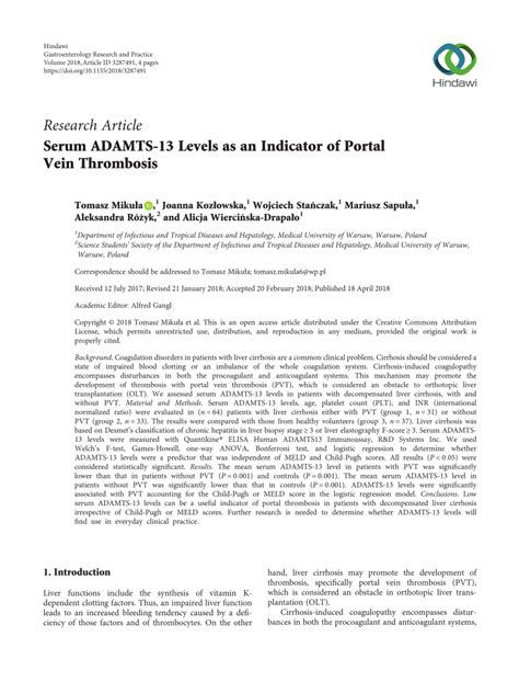 PDF Serum ADAMTS 13 Levels As An Indicator Of Portal Vein Thrombosis