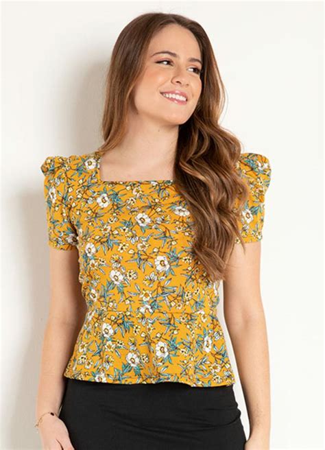 Blusa Peplum Floral Mostarda Moda Evang Lica Queima De Estoque