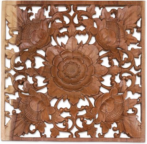 Novica Artisan Handcarved Wood Relief Panel Square Floral