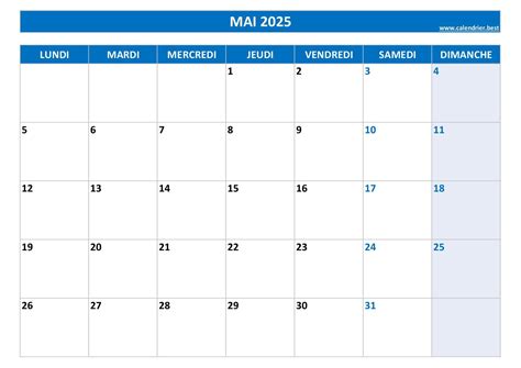 Calendrier Mai 2025 à consulter ou imprimer Calendrier best