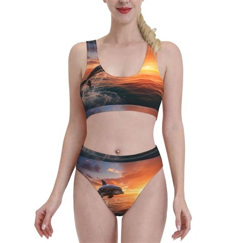Kdxio Sunset Dancing Dolphin B For Womens High Waisted Bikini Top