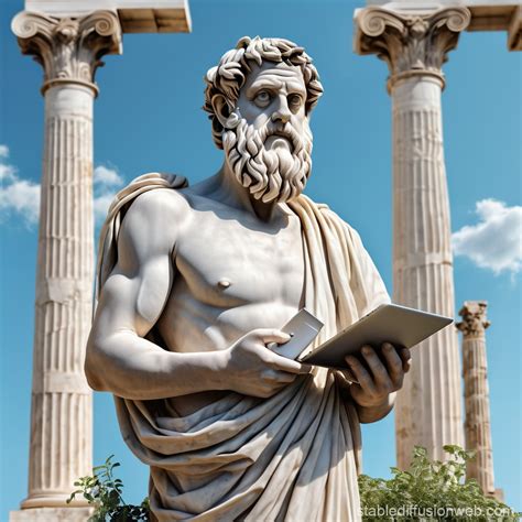 A Hyper Realistic Portrait Of Plato Holding A Mac Book Posing Like A
