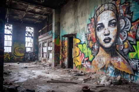 Premium AI Image Crumbling Brick Wall With Graffiti In An Abandoned