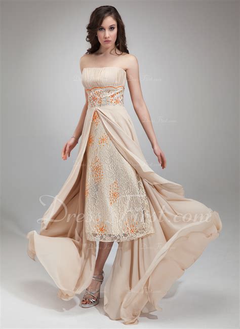 A Line Princess Strapless Asymmetrical Chiffon Lace Prom Dress With