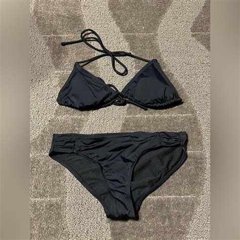 Op Swim Plain Solid Black Itsy Bitsy Bikini Op String Two Piece