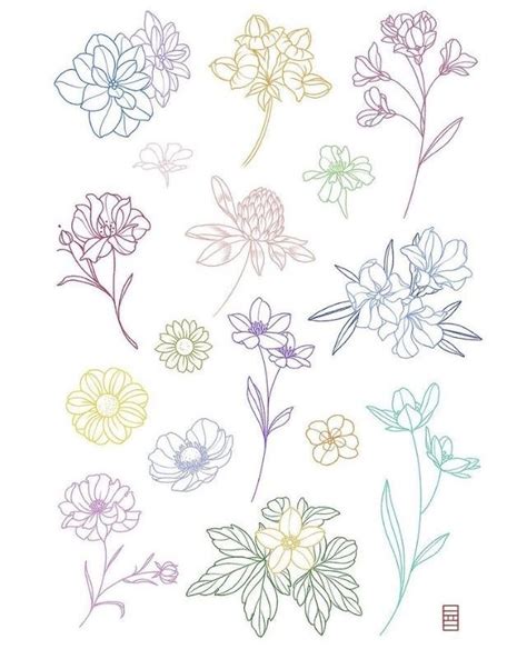 Flowers Are Drawn In Different Colors On A White Background