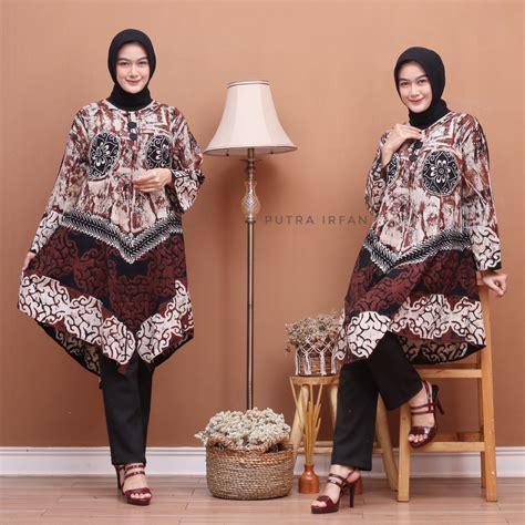 Jual Baju Tunik Batik Muslim Kombinasi Polos Modern Cantik Elegan Isi