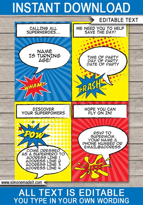 Superhero Party Invitations Template, Printable Comic Book Birthday Invite