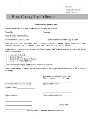 Fillable Online Excess Proceeds Claim Form Butte County Fax Email