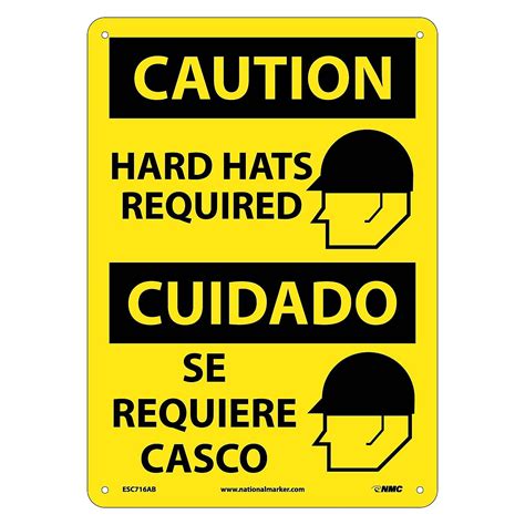 National Marker Caution Signs Hard Hats Required Graphic Bilingual 14x10 040 Aluminum