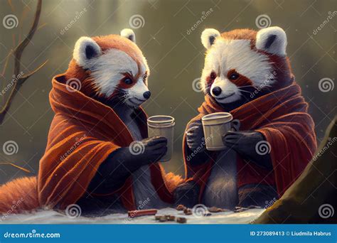 Two Red Pandas Drink Coffee In Winter Generative Ai Generative Ai