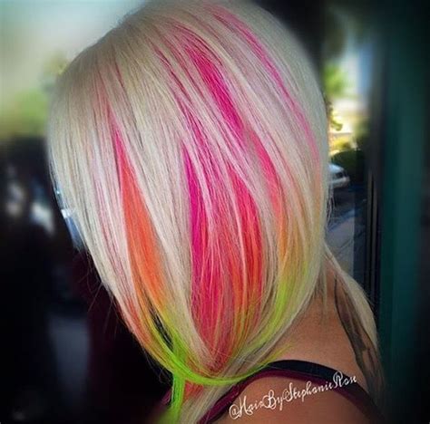 Pink Orange And Lime Green Peek A Boo On Blonde Pink And Orange Hair Hair Color Orange Vivid