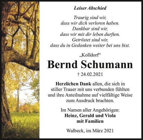 Traueranzeigen Von Bernd Schumann Kolldorf Abschied Nehmen De