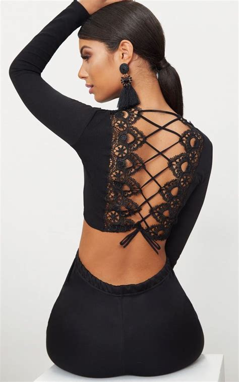 Black Lace Up Back Long Sleeve Crop Top Crop Top With Sleeves Long