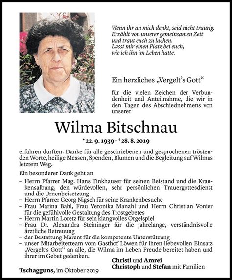 Todesanzeigen Von Wilma Bitschnau Todesanzeigen Vorarlberger Nachrichten