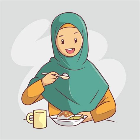 Premium Vector Muslim Girl Eating Rice For Breakfast Anime Muslim