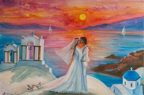 Santorini Landscape Sunset Original Oil Painting Greek Island Etsy