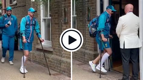 Watch Nathan Lyon Arrives On Crutches For Day Three At Lords After