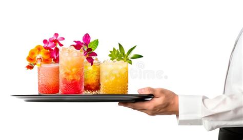 Waiter Hand Holding Metal Tray With Set Of Mai Tai Cocktails In A