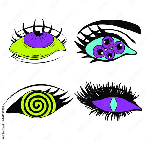 eyes set Psychedelic drawings . Crazy cartoon hand drawn colorful illus ...