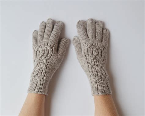 Women Merino Wool Gloves With Arans Light Grey Full Finger Etsy