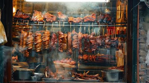 Premium Photo Chinese Bbq Char Siu And Roasted Meats Hanging In A Window