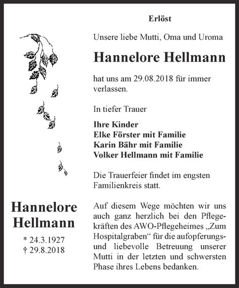 Traueranzeigen Von Hannelore Hellmann Trauer In Thueringen De