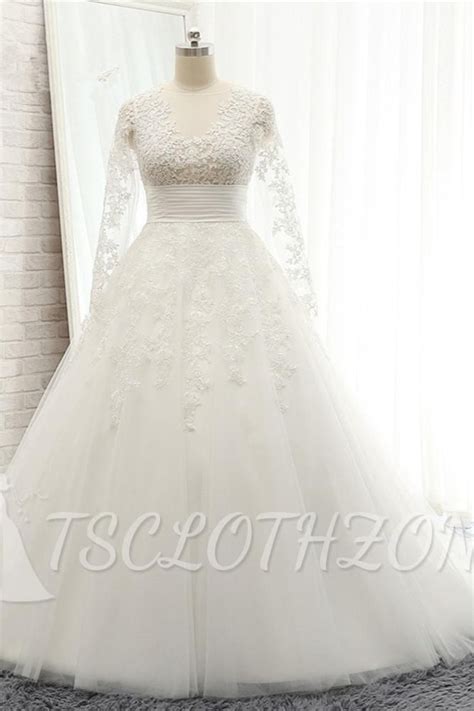 TsClothzone Chic Longsleeves Jewel A Line Wedding Dresses White A Line