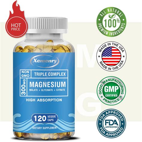 Xemenry Triple Magnesium Complex 300mg With Magnesium Malate Glycinate Citrate 30 60 120pcs