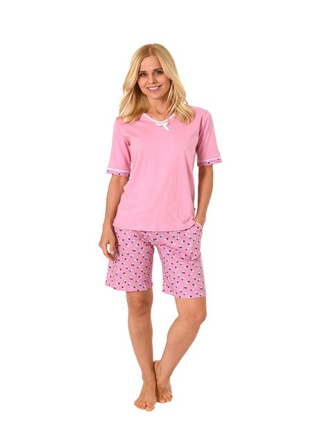 Damen Shorty Schlafanzug Pyjama Kurzarm Mit Spitze Und Gemusterten