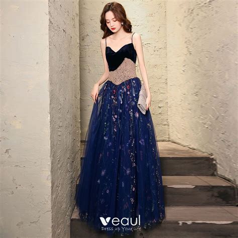 Flower Fairy Navy Blue Dancing Prom Dresses A Line Princess