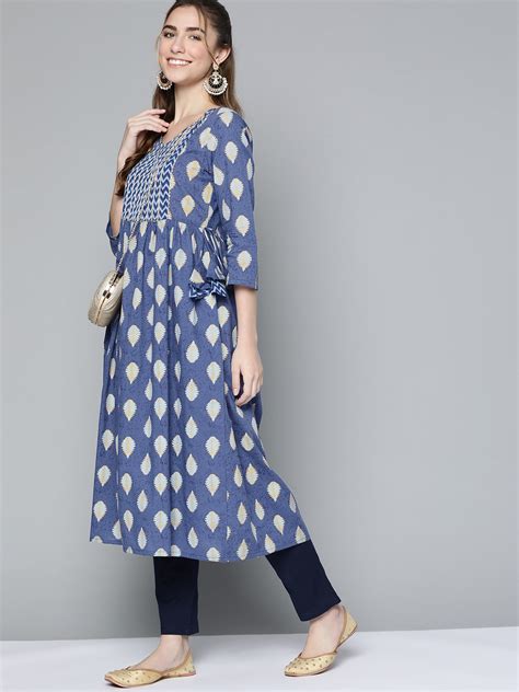 Buy Hereandnow Women Navy Blue And Mustard Yellow Ethnic Printed Gotta Patti Pure Cotton Kurta