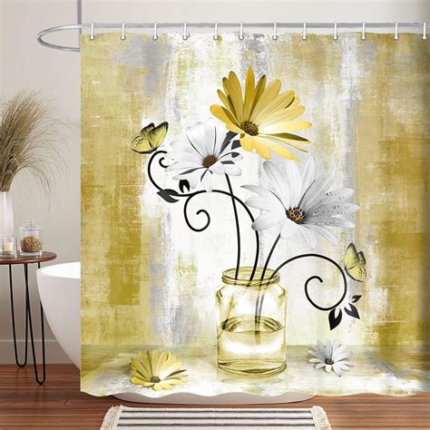 Rustic Farmhouse Floral Shower Curtain Country Farm Yellow Daisy