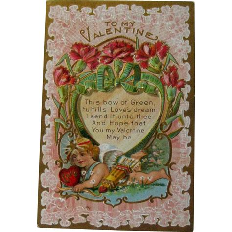 Valentine Postcard With Cupid Carrying Quill And Arrows Embossed Lacy