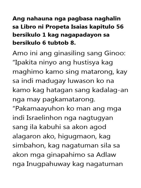 Ang Nahauna Nga Pagbasa Naghalin Sa Libro Ni Propeta Isaias Kapitulo 56 ...