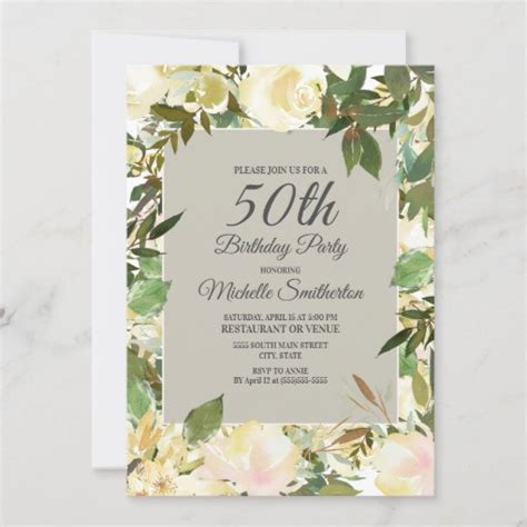 Creamy White Floral Sage Green 50th Birthday Invitation Zazzle