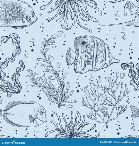 Seamless Pattern With Tropical Fish Marine Plants And Seaweed Vintage