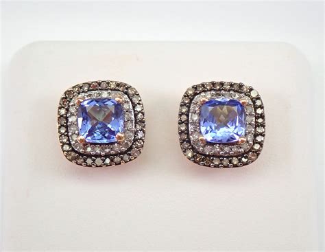 Tanzanite And Cognac Diamond Halo Stud Earrings Cushion Cut Studs K