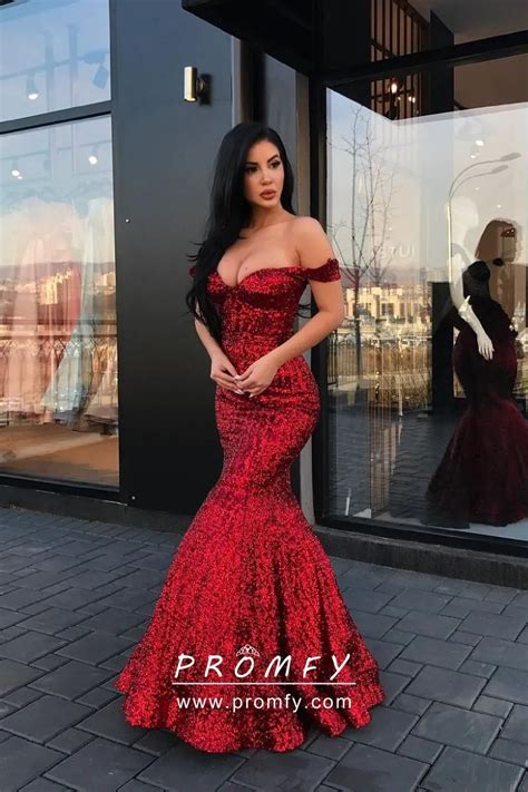 Red Sequin Off The Shoulder Mermaid Formal Dress Promfy