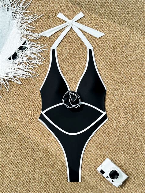 Custom New Solid Sexy 3D Flower One Piece Bikini Backless Halter Swimsuit Women Hollow Out