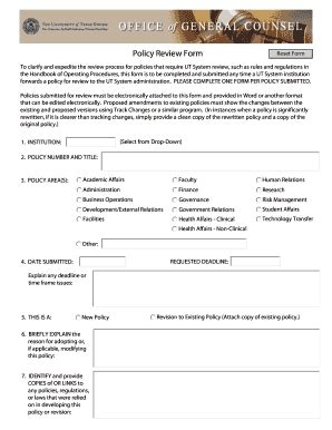 Fillable Online Utsystem Policy Review Form Utsystem Fax Email Print