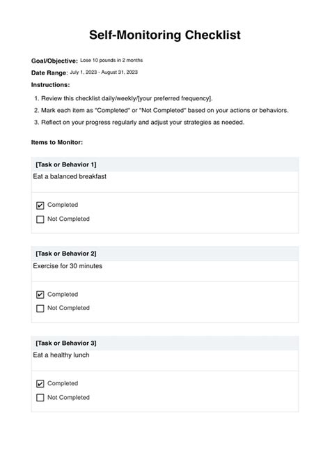 Self Monitoring Checklists And Example Free Pdf Download