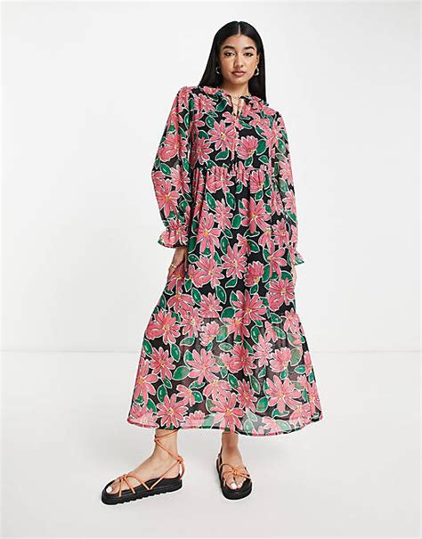 Wednesdays Girl Ruffle Neck Midi Smock Dress In Bright Floral Asos