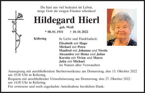 Traueranzeigen Von Hildegard Hierl Mittelbayerische Trauer